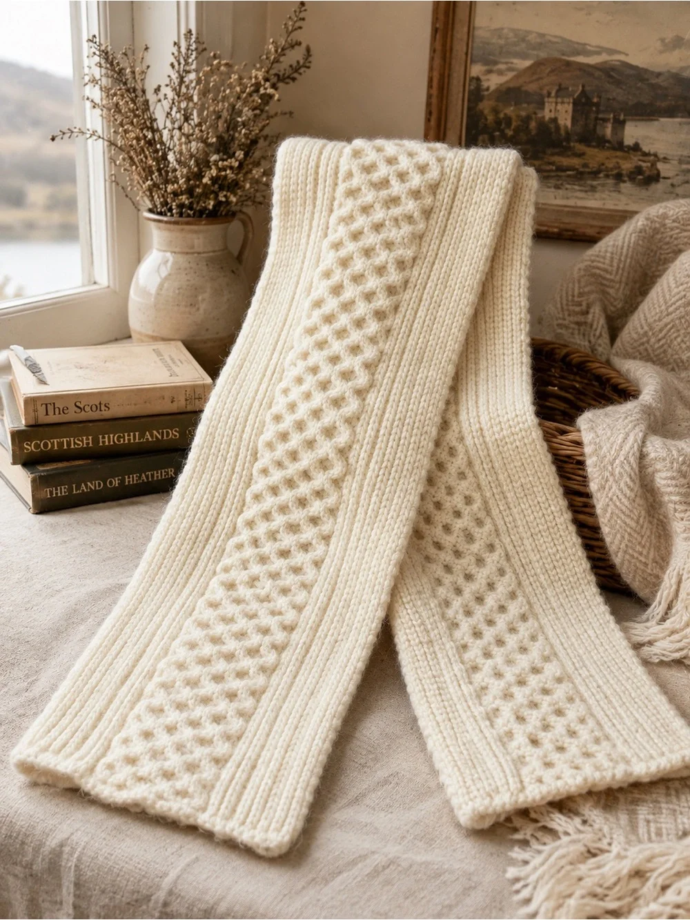 Vintage Scottish 100% Wool Cable Knit Scarf Cream Made in Scotland Aran